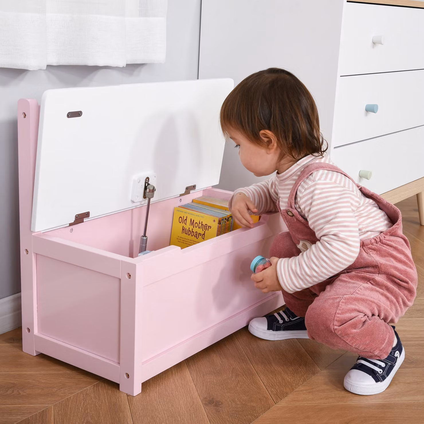 HOMCOM Pink Wooden Toy Box Storage Organiser with Backrest and Soft-Close Lid – 2