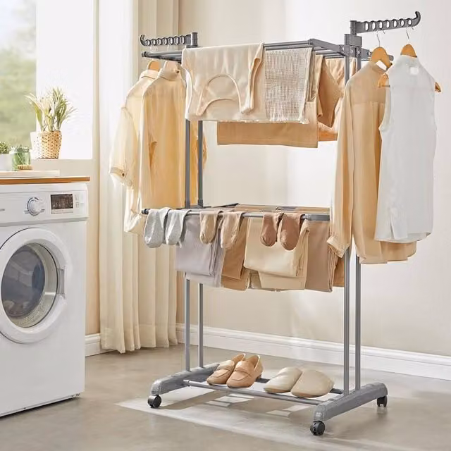 The Bazaarist 3 Tier Folding Clothes Drying Rack with Wing Arms and Wheels, Light Grey