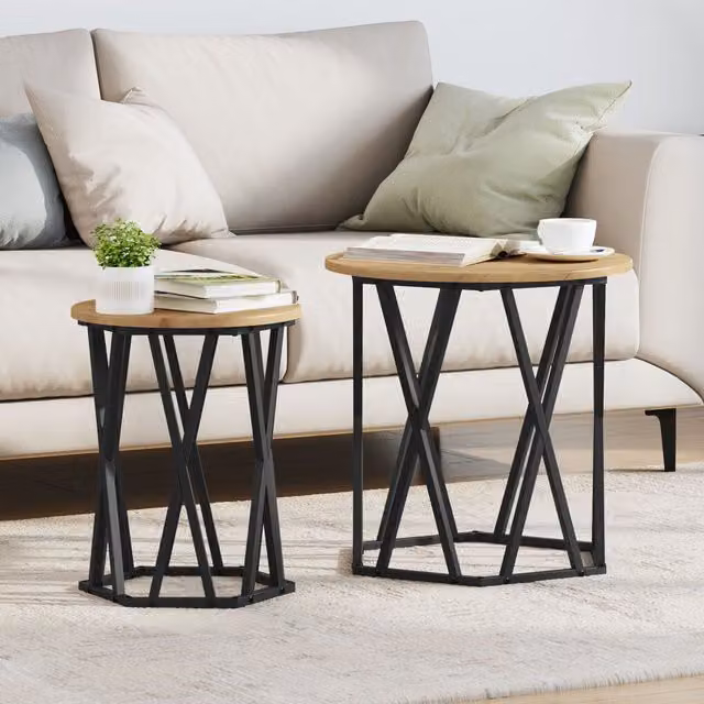 Berkfield Home Artisan Round Industrial Coffee Table in Brown Oak and Metal – 1