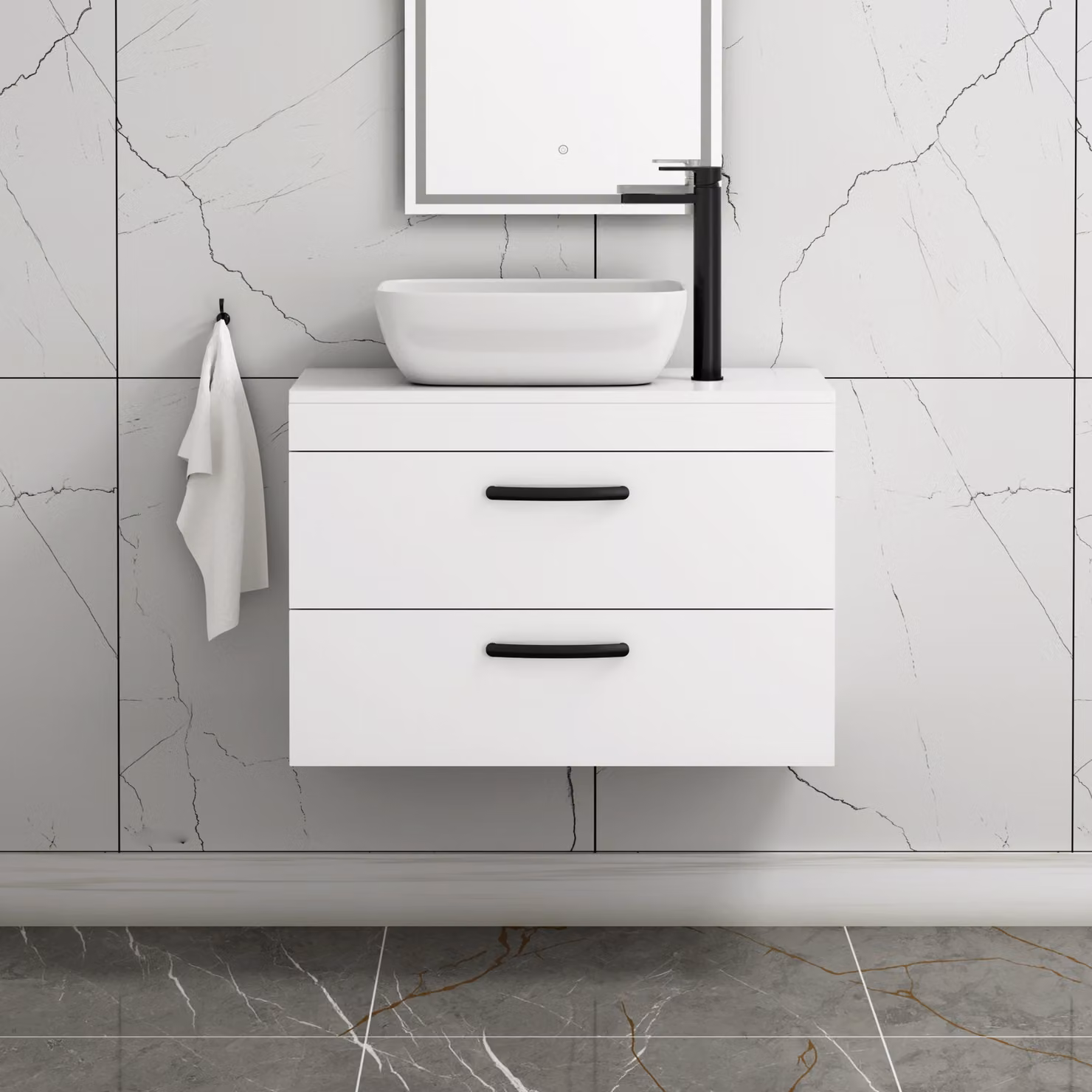 Royal Bathrooms 800mm Wall Hung Gloss White 2 Drawer Vanity Unit with Elva Countertop Basin and Matt Black Handles