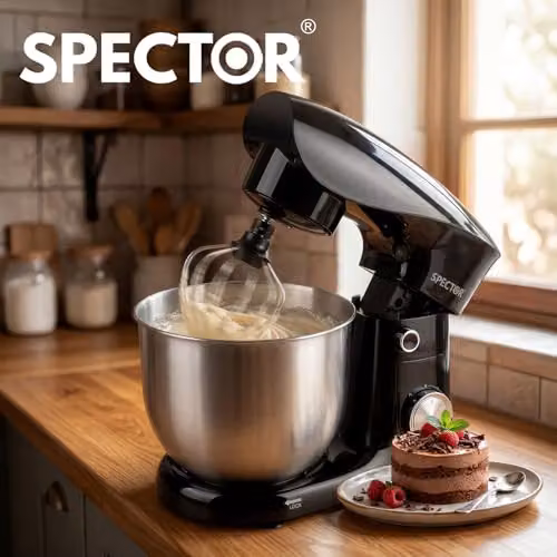 Spector 1500W Tilt-Head Electric Stand Mixer in Black with 5L and 4.5L Stainless Steel Bowls, 10-Speed Settings and Dough Hook, Whisk and Beater – 13