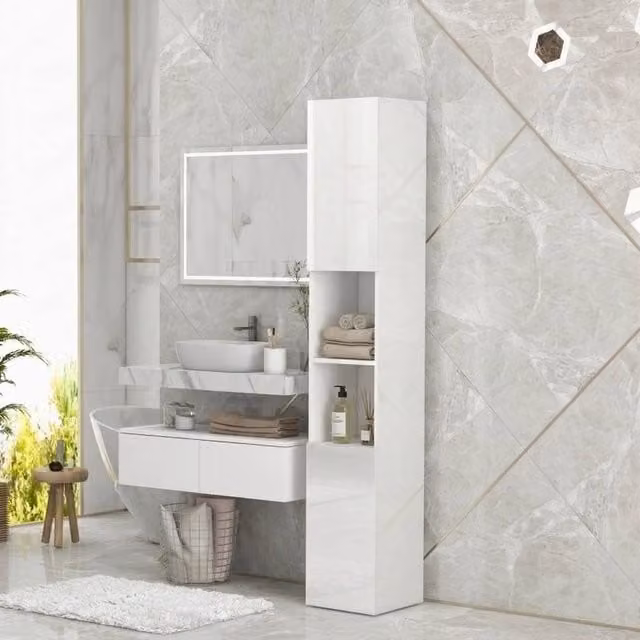 STILVORA Modern Glossy White Freestanding Bathroom Cabinet with LED Lighting and Adjustable Shelves H 181.5 x W 30.0 cm – 1