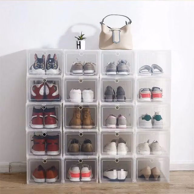 SPETLEK 6 Pack Stackable and Foldable Plastic Shoe Storage Boxes in Transparent and White, W/D/H: 21.5 x 12.5 x 6 cm