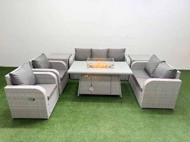 Fimous PE Rattan Garden Furniture Set in Light Grey with Reclining Chairs, Double Love Seat, Firepit Dining Table and 2 Side Tables