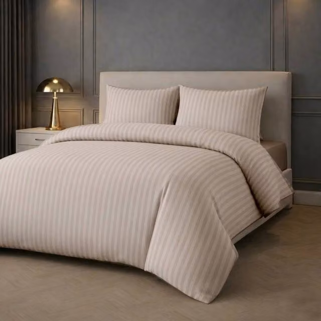 Grace Premium 2 Pack Embossed Striped Microfibre Double Duvet Cover and Pillowcase Set in Taupe/Beige