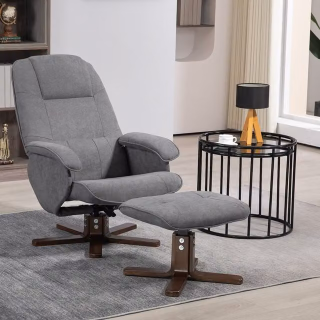 HOMCOM Grey Fabric Swivel Recliner Chair with Ottoman and Armrests
