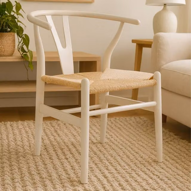 Orsina Antique White Wishbone Swivel Dining Chair with Armrests and Paper Cord Seat