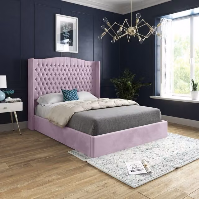 KDMD Rana Curved Top Winged Upholstered Soft Velvet Pink Bed Frame, Size: Super King (200 x 200 cm)