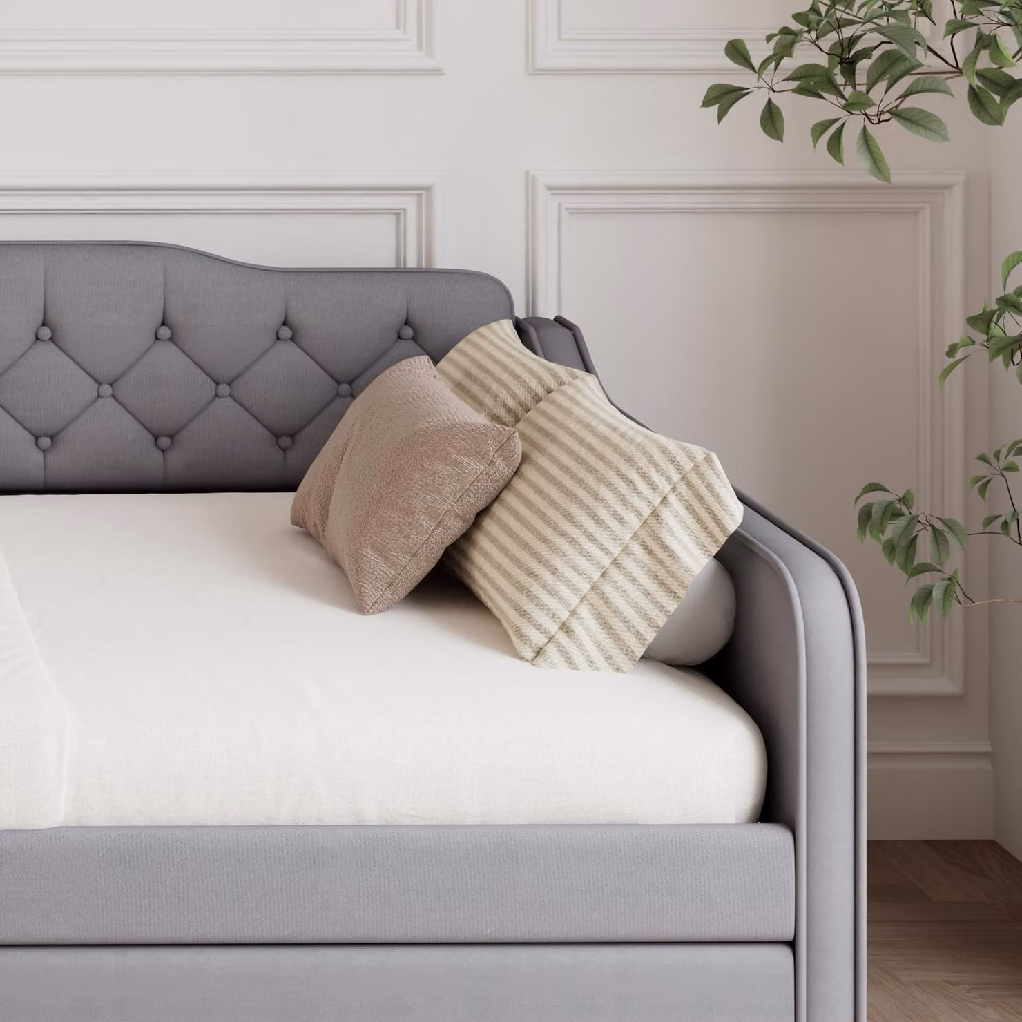 Aosom UK Grey Upholstered Double Daybed with Pull-Out Trundle and Foam Padding, W/D/H: 139.5 x 202 x 81.5 cm – 4