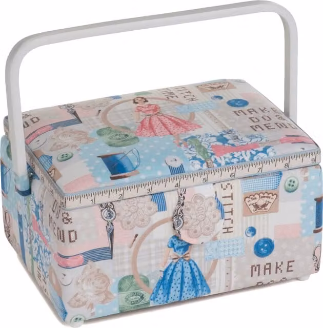 HobbyGift Make Do and Mend Sewing Box with PVC Handles in White and Multicolour