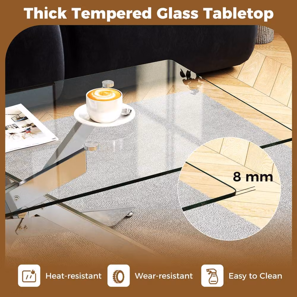 Costway Modern Rectangular Glass Coffee Table with Silver Metal Frame – 3