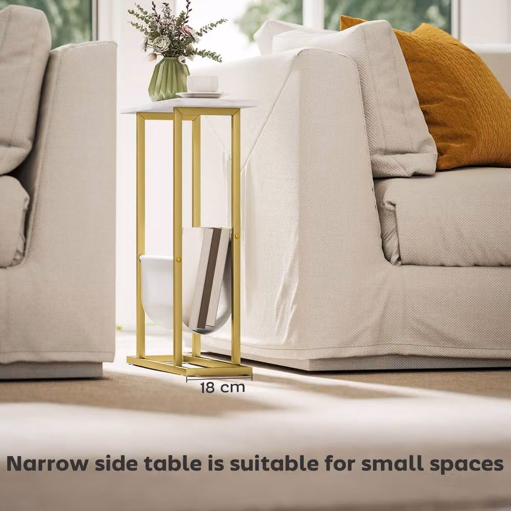 HOMCOM Narrow White and Gold Side Table with Marble Effect Top and Magazine Holder – 3