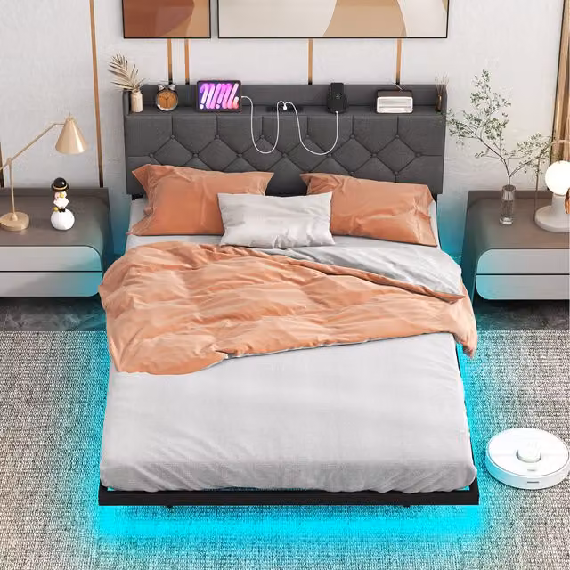 Costway Modern Upholstered Floating Bed Frame in Grey with Under-Bed Lighting and USB Charging Port, 140 x 200 cm
