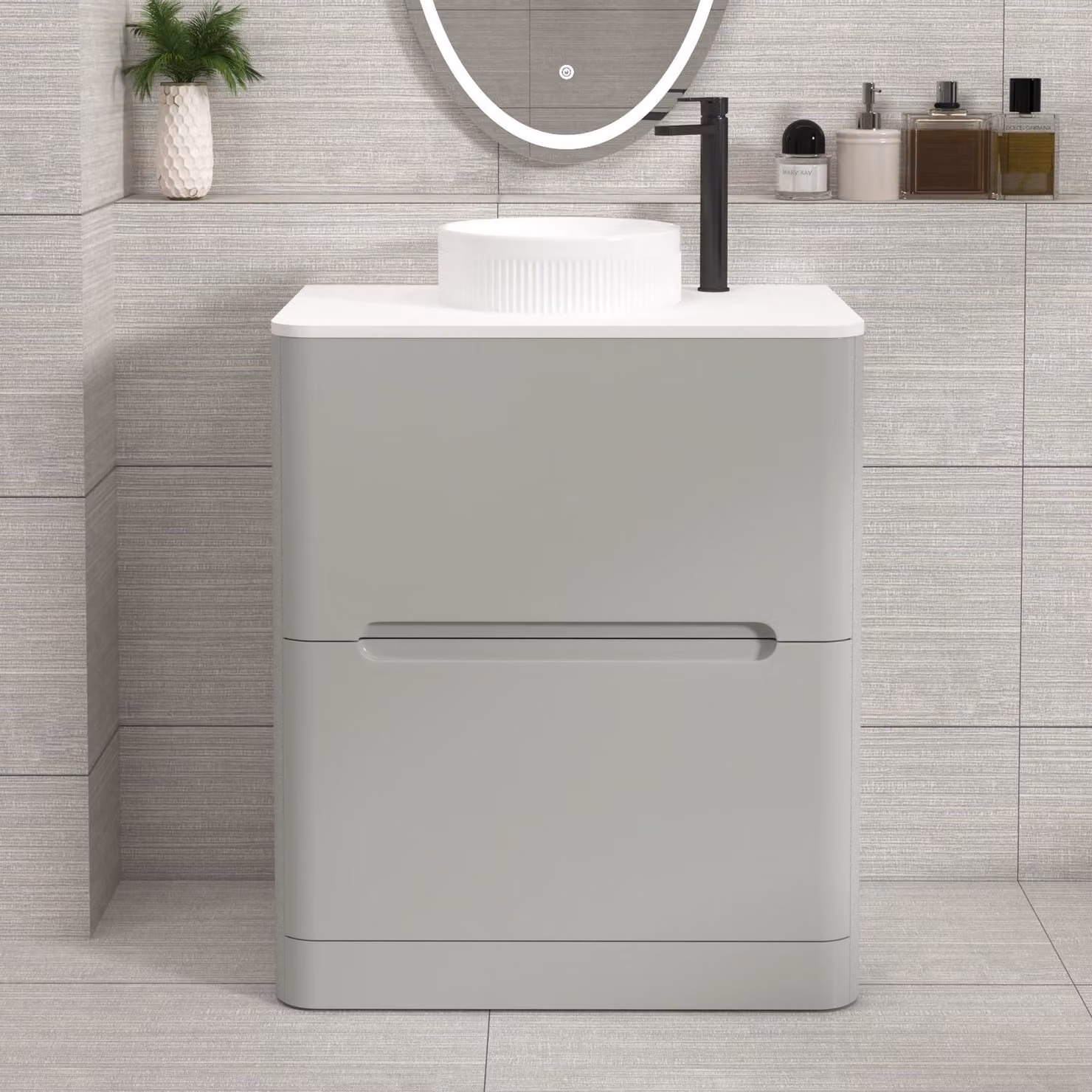 Royal Bathrooms Venice 700mm Floor Standing Vanity Unit in Dove Grey with 2 Drawers, Plain White Worktop and Round Basin