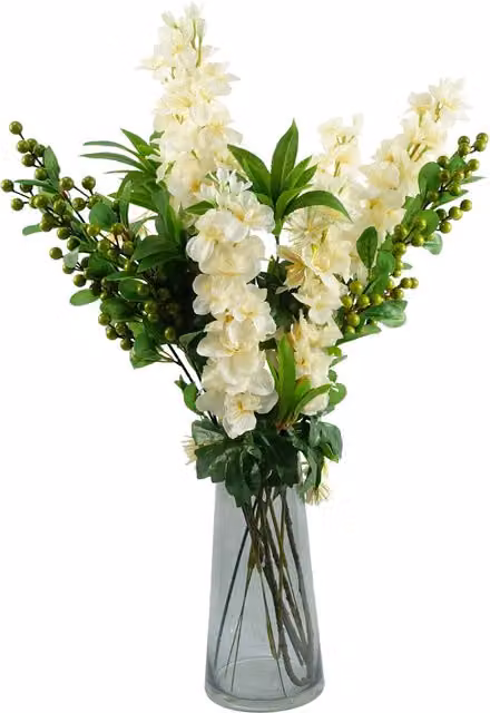 Mixed Artificial Berry Delphinium Floral Arrangement with Leaves in a Multicolour Round Glass Vase