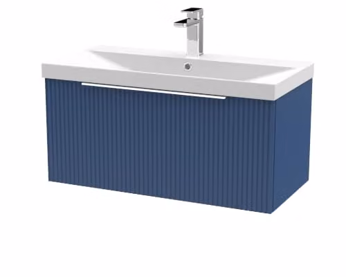 Balterley Blue Wall Hung Vanity Unit with Thin Edge Basin and Fluted Single Drawer, W/D/H: 81.0 x 39.5 x 40.9 cm – 1