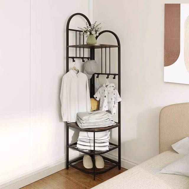 FORGEVIO Industrial Hall Tree with Bench and 6 Removable Shelves, Black, Height: 180 cm