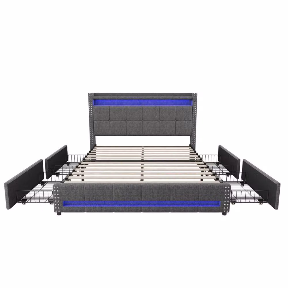 BTM Grey Fabric Double Bed with 4 Drawers and LED Charging Headboard, W/D/H: 140 x 200 x 115 cm – 4