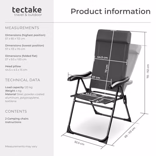 tectake Set of 2 Folding Camping Chairs with Adjustable Backrest and Soft Head Cushions in Anthracite – 3