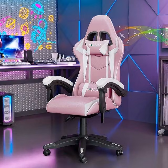 Gartistgo Bluetooth Gaming Chair in Pink with Lumbar Support and Headrest
