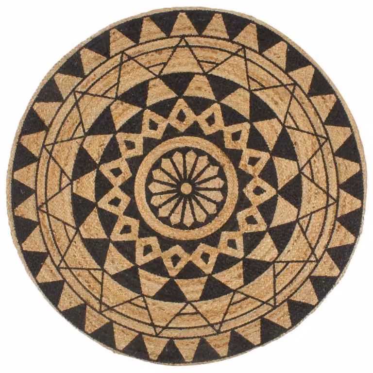 Berkfield Home Handmade Braided Jute Round Rug with Black Geometric Print in Natural and Sand, Diameter: 100 cm