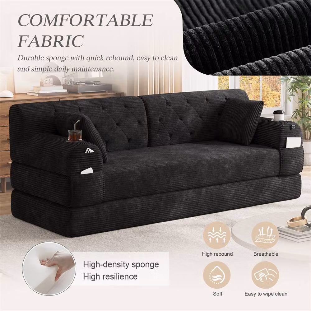Direct Wicker 3-Seater Corduroy Fabric Sofa Bed with Cup Holders in Black – 4