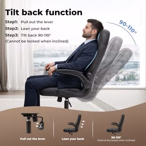 Levede Ergonomic Executive Office Chair in Black with Synthetic Leather and Flip-Up Armrests – 4