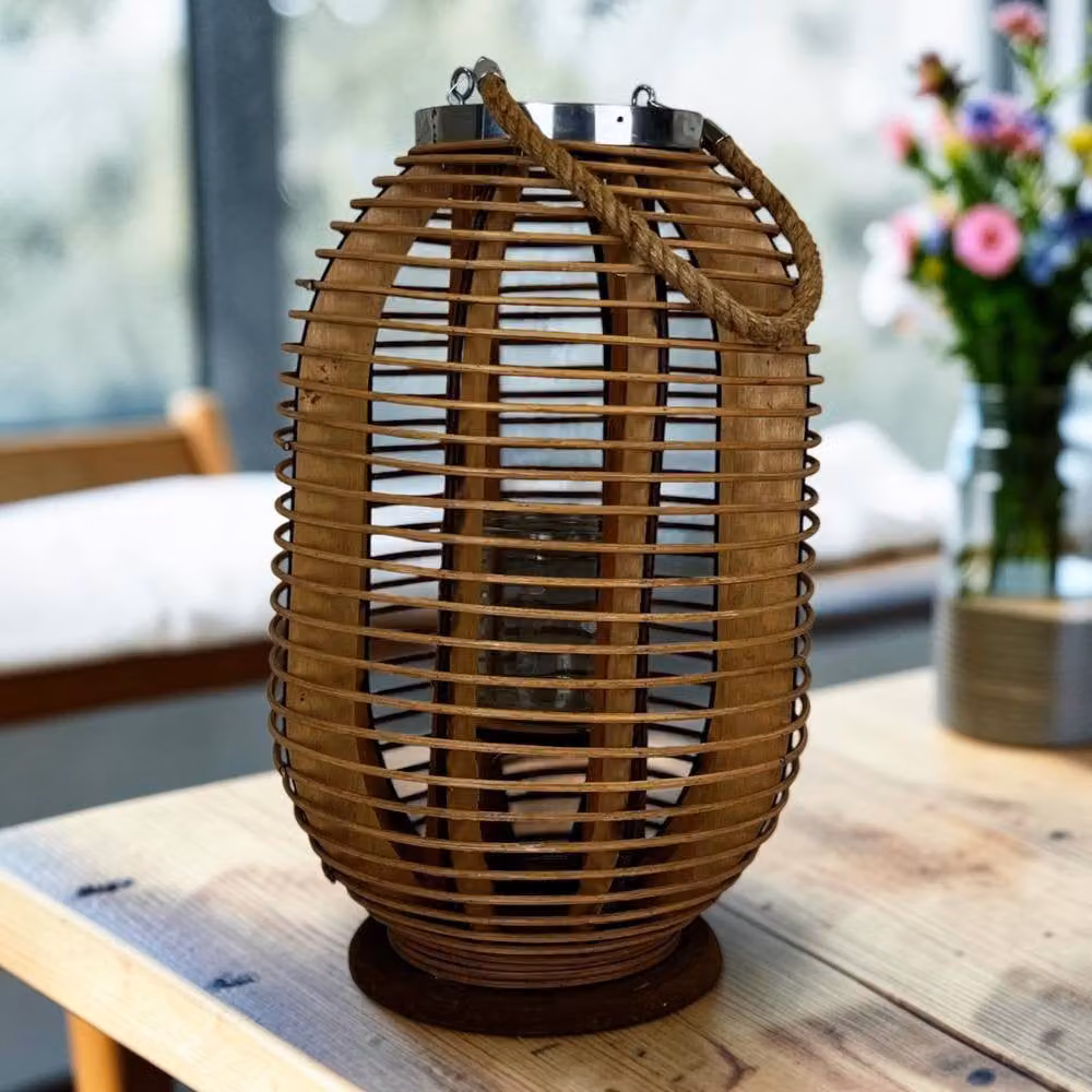 Four Candle Rustic Brown Natural Rattan and Glass Decorative Lantern, Height: 46 cm – 2