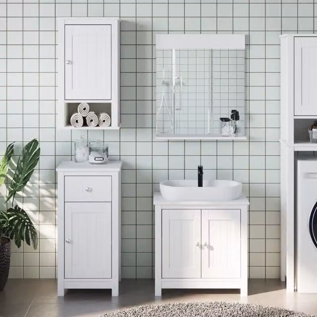 Berkfield Home 3 Piece White Lacquered Solid Pine Bathroom Furniture Set with Vanity Unit, Wall Cabinet and Mirror Cabinet – 1
