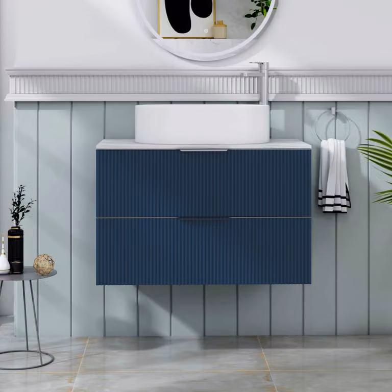 Royal Bathrooms Evora 800mm Midnight Blue Fluted Wall Hung Vanity Unit with 2 Drawers and Peak Basin