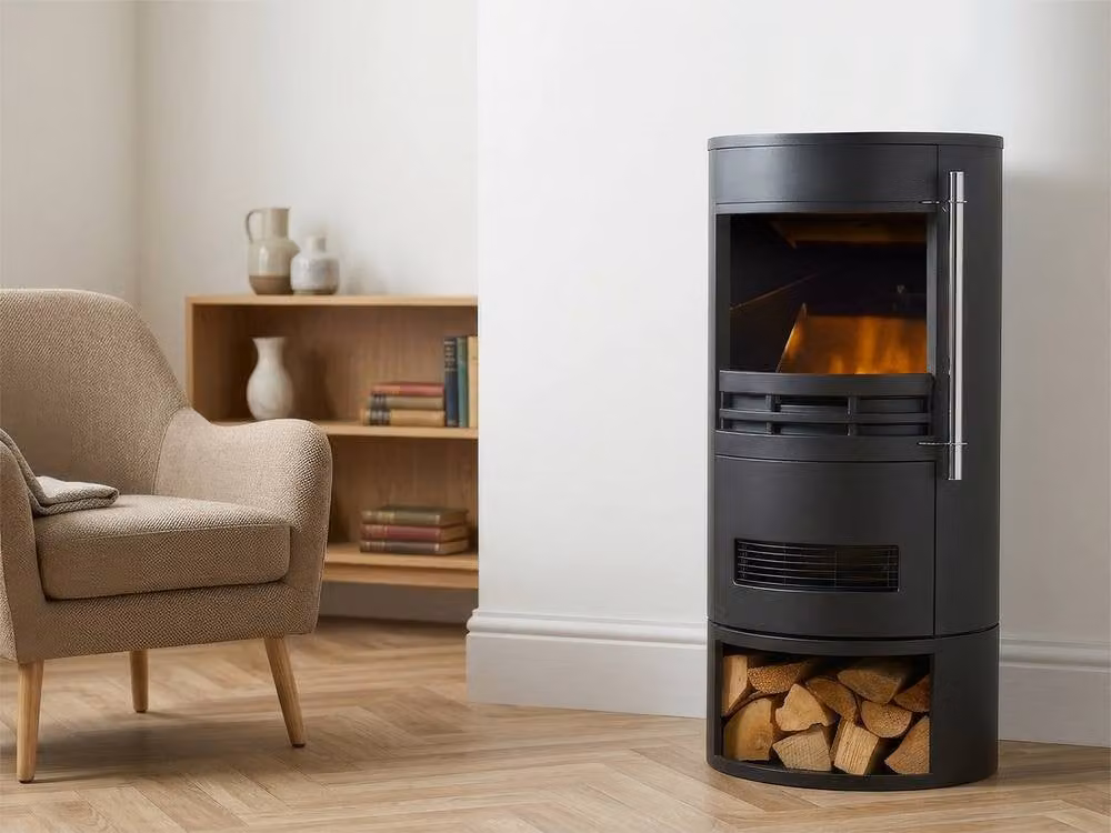 Adam Fires & Fireplaces Sureflame Dunston Round Stove with Log Storage in Black – 2