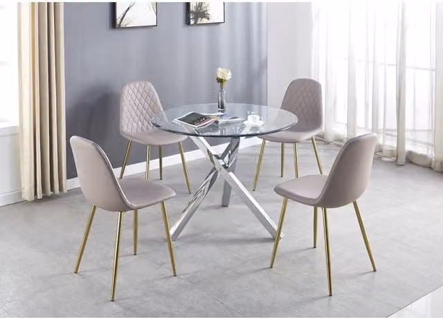 FurnitureboxUK Selina Chrome Round Glass Dining Table with Four Corona Gold Chairs in Cappuccino