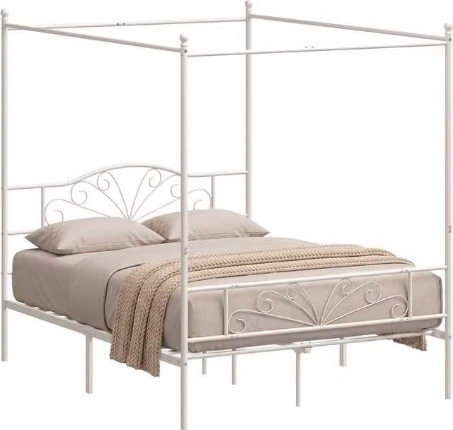 HOMCOM White Metal Canopy Bed Frame, King Size, 180 x 200 cm