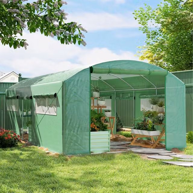 Outsunny Green Polytunnel Greenhouse with 3 Roll-up Doors and Windows