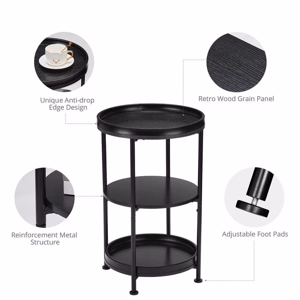 FORGEVIO Industrial Nordic 3-Tier Round Side Table in Black Metal – 3