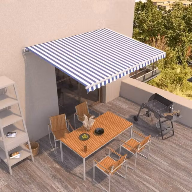 Berkfield Home Manual Retractable Awning with Crank and Folding Arms, Blue and White, W: 400 cm, D: 350 cm