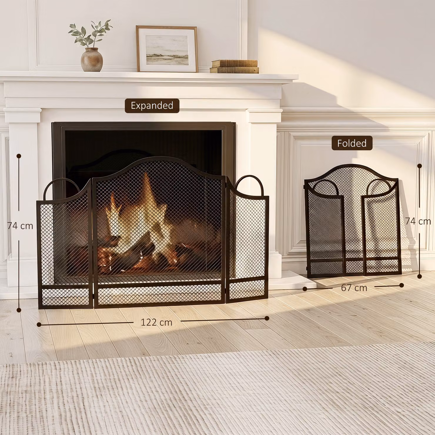 HOMCOM Floral 3-Panel Folding Fireplace Screen in Black, W/H: 122 x 74 cm – 3