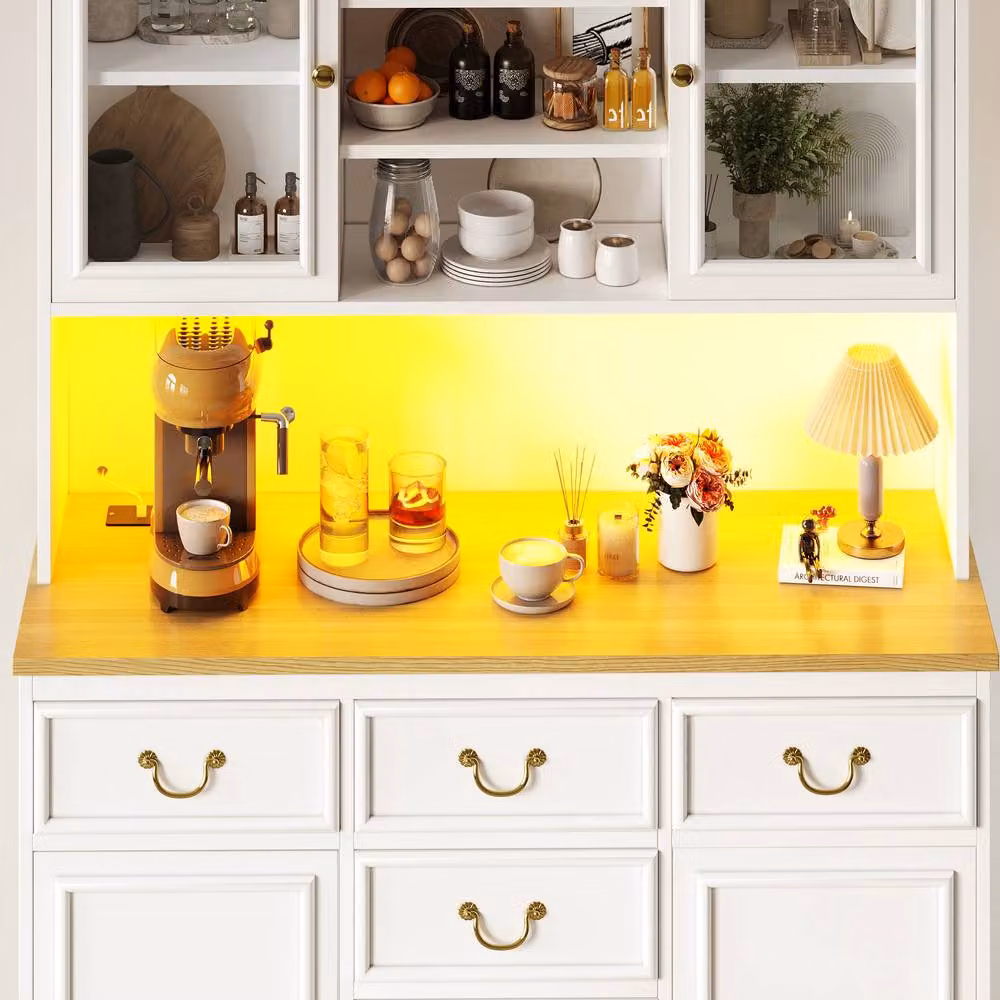 Merax White Kitchen Dresser with LED Lighting and Glass Doors, H 180 x W 118 x D 39.5 cm – 2