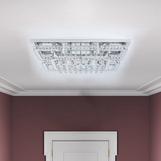 Livingandhome Modern Double Layer Crystal and Stainless Steel Pendant Light in Silver, 100cm