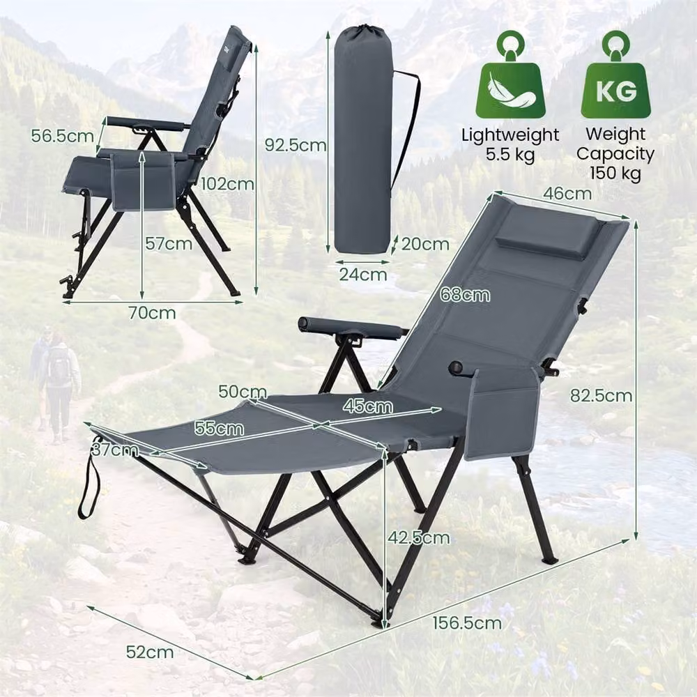 NESTLUNE Grey Folding Lounge Chair with Adjustable Headrest and Armrests – 2