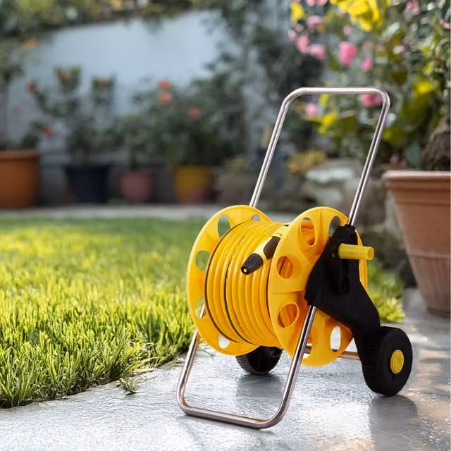 Komore Mobile Garden Water Hose Pipe Reel Set with Cart, Yellow