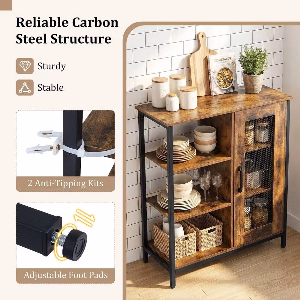 NESTLUNE Brown Wood Minimalist Sideboard Buffet Storage Cabinet with Adjustable Shelves – 4