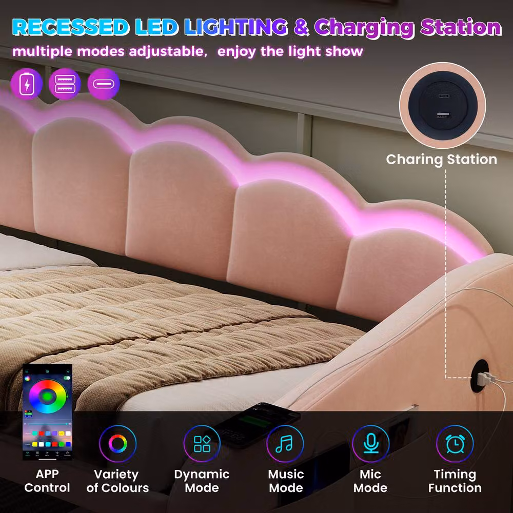 Merax Pink Velvet Single Daybed with Lift-Up Storage, LED Lighting and USB Charging Station, W/D/H: 90 x 190 x 220 cm – 3