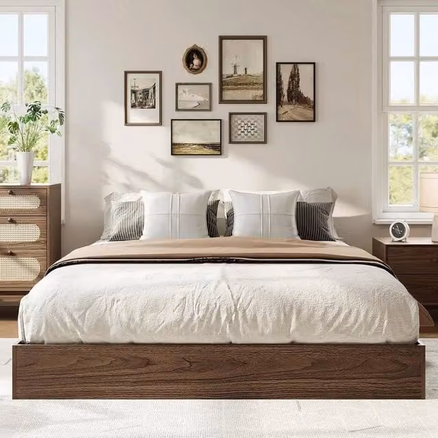 VOGREX Single Platform Bed Frame in Brown with Solid Wood Slat Support, W: 90 cm x D: 200 cm
