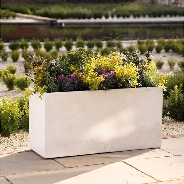 Primrose Small Rectangular Fiberstone Trough Planter in White, W/D/H: 40 x 80 x 30 cm