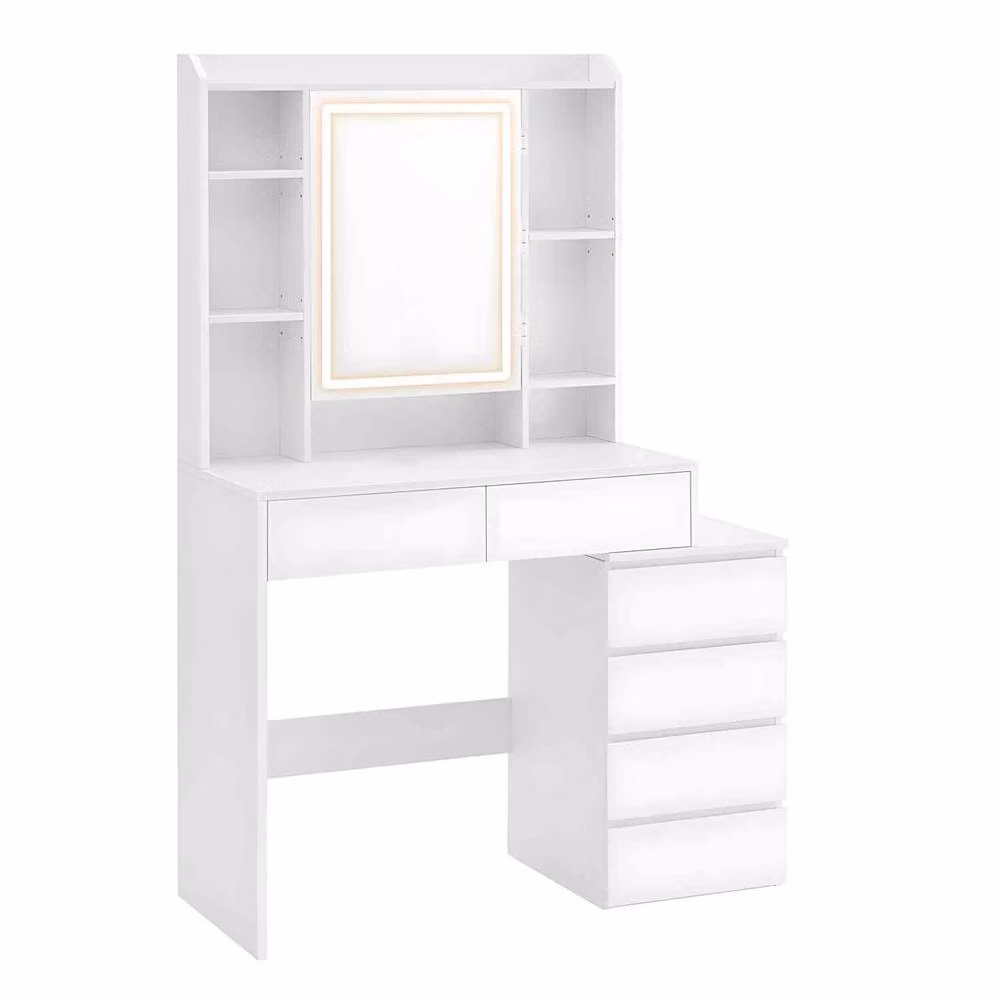 The Bazaarist Modern White Vanity Table with Hollywood LED Mirror and Storage Shelves – 2
