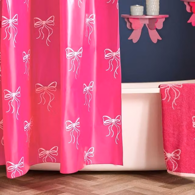 OHS Pink Bow Print Polyester Shower Curtain, Mould Resistant and Waterproof with Weighted Hem, W/H: 180 x 180 cm – 3