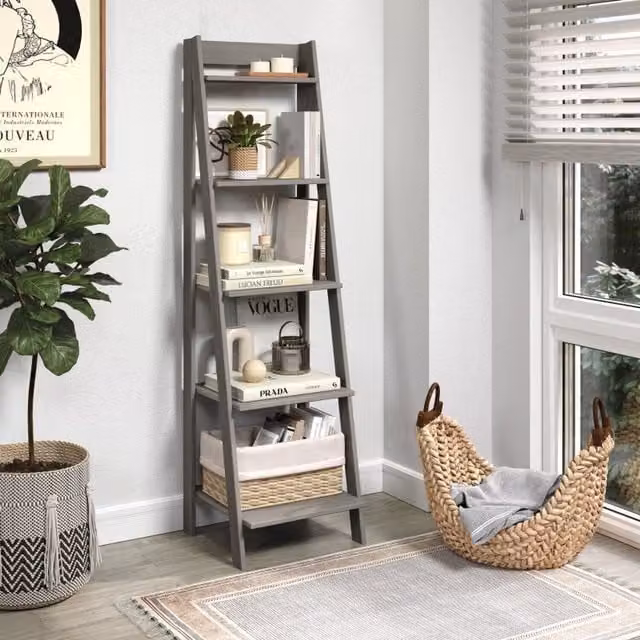 Mercers Furniture Scandinavian Grey Ladder Bookcase in Distressed Waxed Wood, W/D/H: 43 x 44 x 159 cm