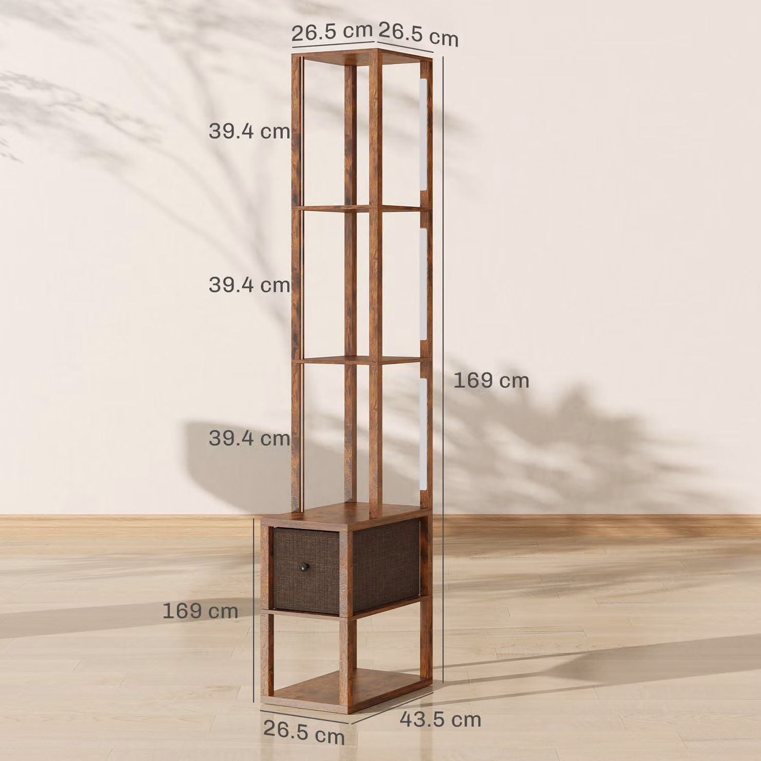 HOMCOM Modern LED Floor Lamp with Shelves and Fabric Drawer, Dimmable Column Standing Lamp in Rustic Brown, H 169 x W 26.5 x D 26.5 cm – 3