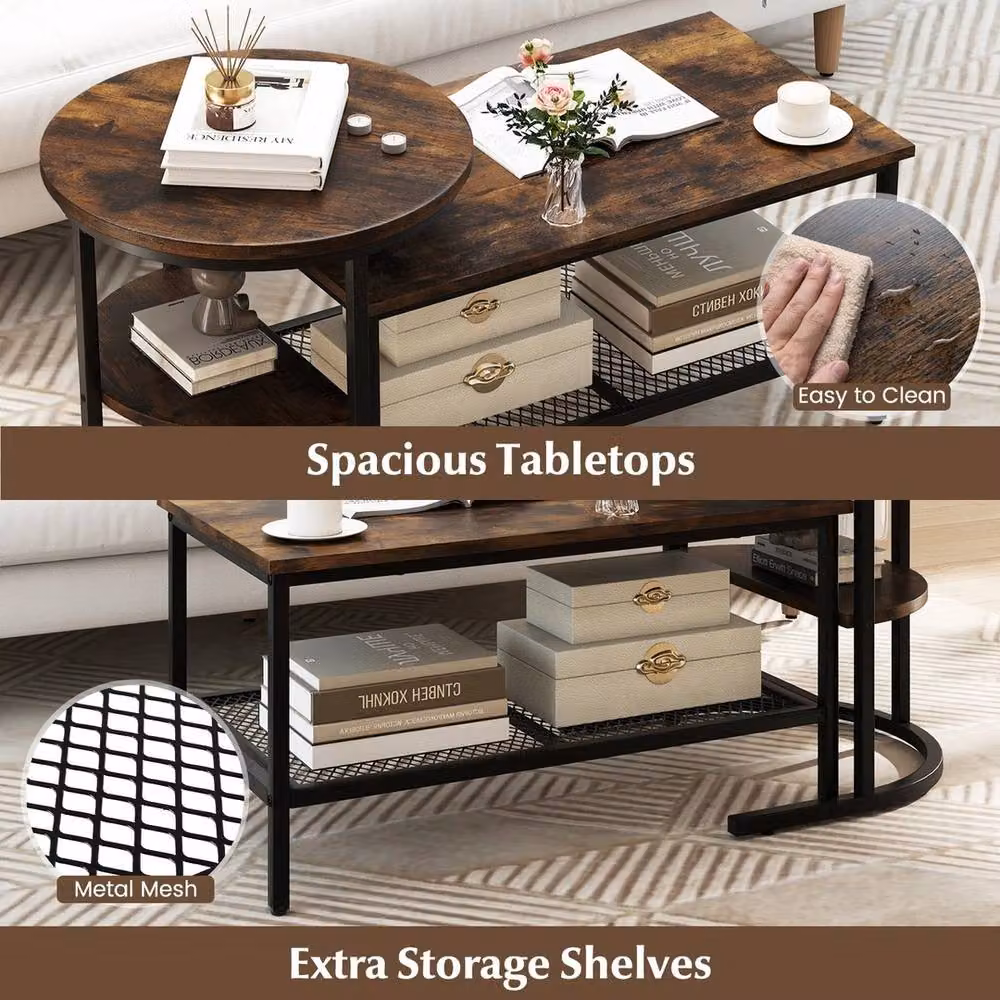 VOGREX Industrial Brown Round Side Table and Rectangular Coffee Table Set with Nested Tops and Metal Legs – 3